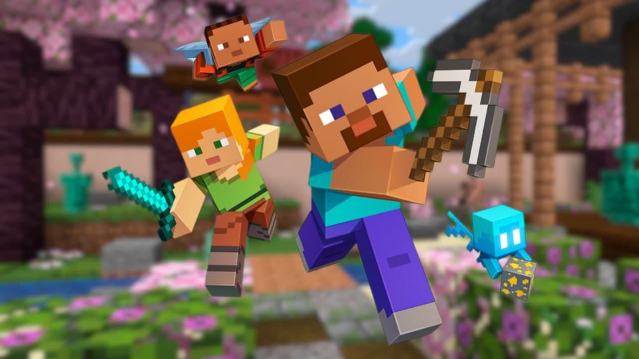 Alex and Steve mid-combat with sword and pickaxe in a cherry biome